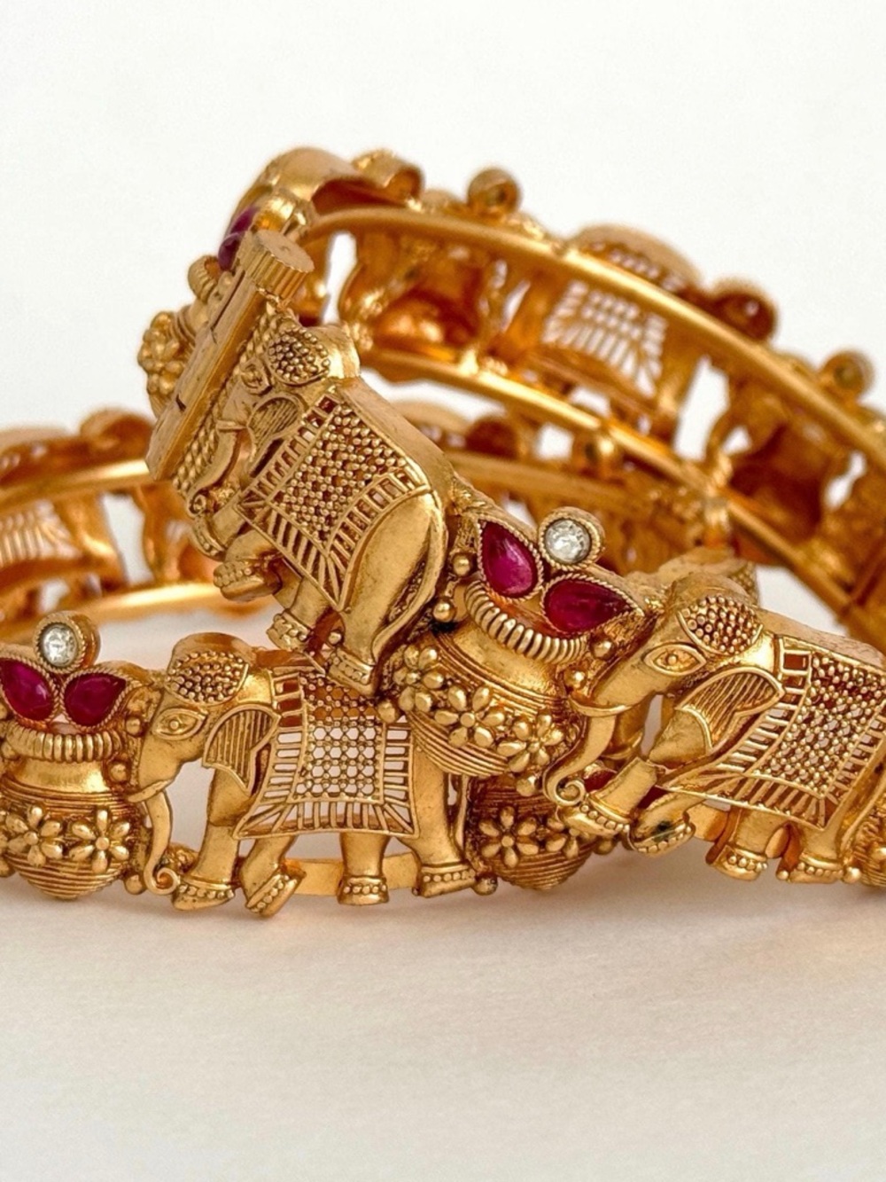Gold Elephant Motif Bangle Bracelet with Red Accents - Women Jewelry (pair)